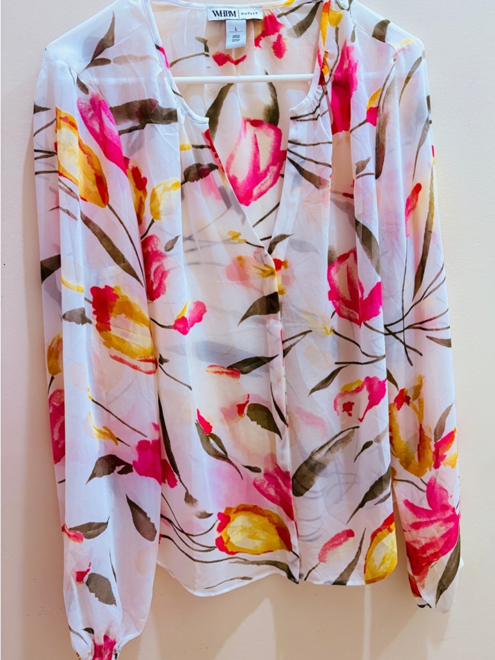 White House Black Market White Sheer Blouse with Pink and Yellow Floral Print